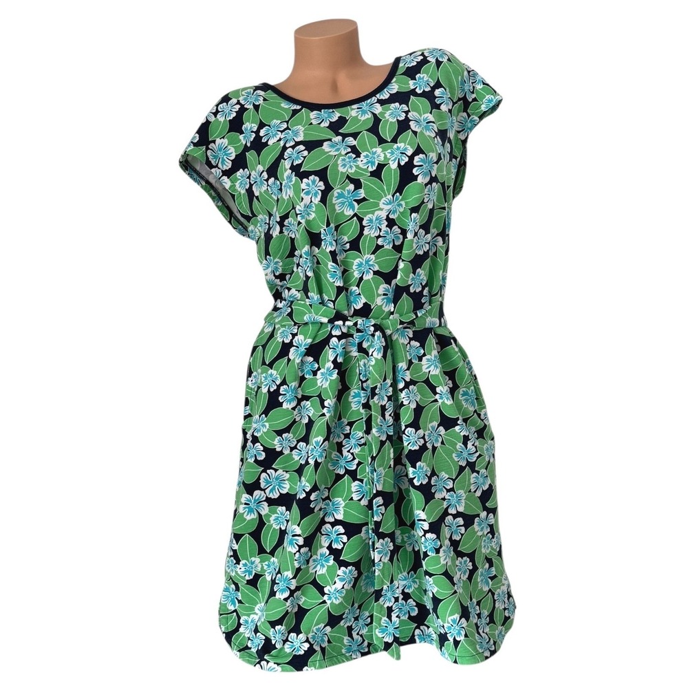 Talbots Women's Size LARGE Blue Green Floral Short Sleeve Belted Tie Waist Dress